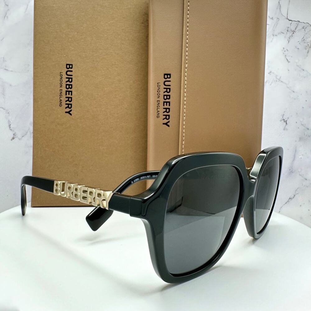 New Burberry Sunglasses Black Square Gold Metal Cut Out BURBERRY Logo Womens